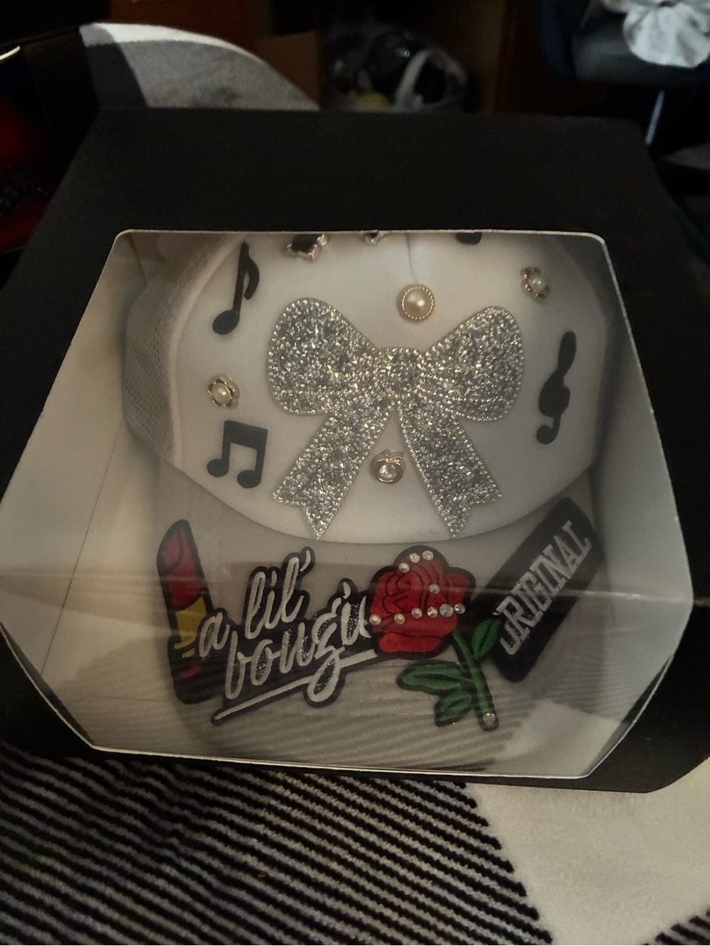 Grey truckers Cap Embellished with a GlitterBow, Music Notes,& original patches